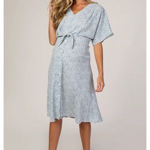 Blue Printed V-Neck Drop Shoulder Maternity Dress